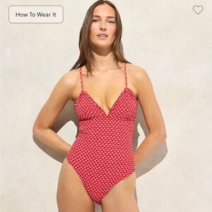 J. Crew Red smocked ruffle-trim One-Piece Swimsuit size 4 long torso